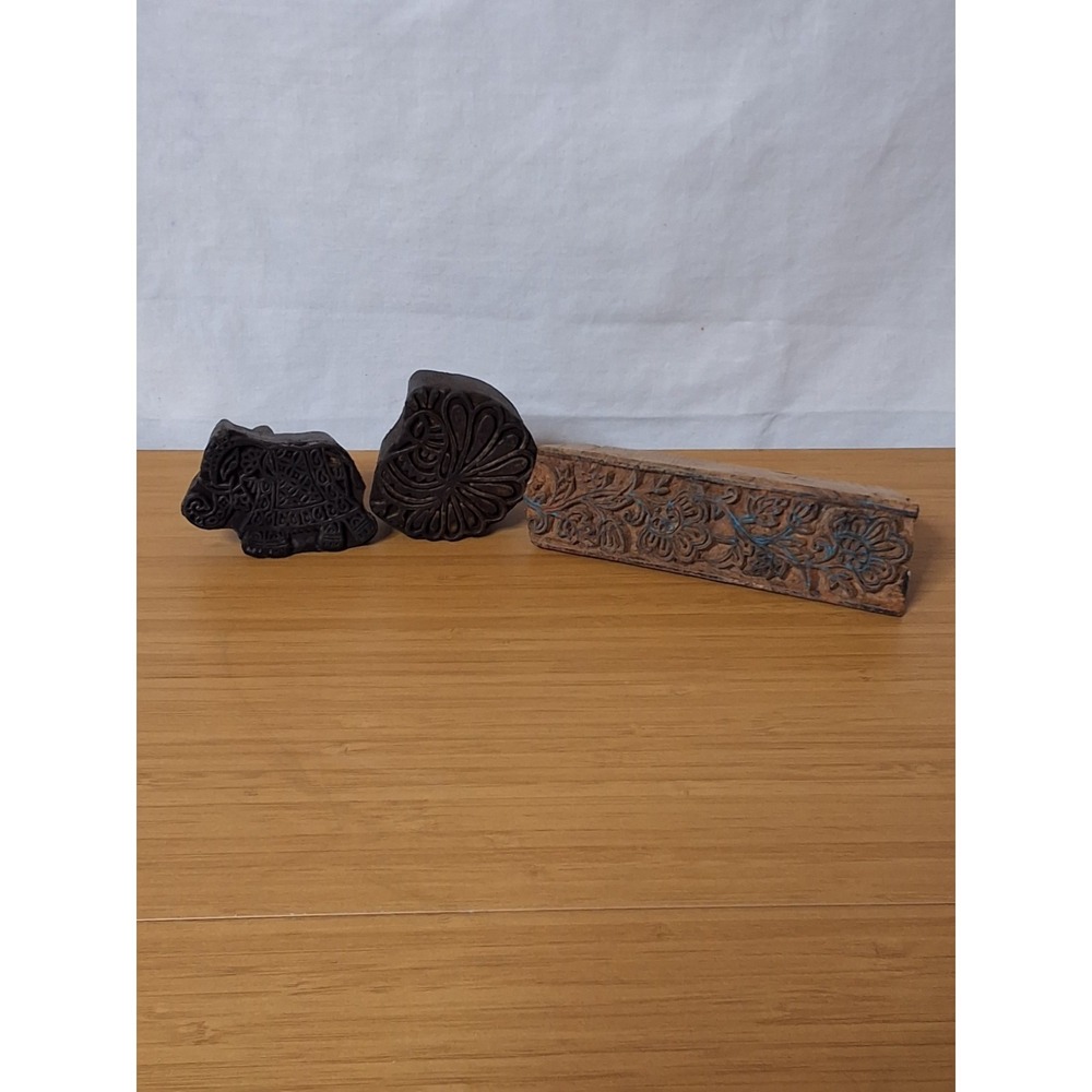 Vintage Indian Wood Printing Blocks Hand Carved Stamp Lot Of 3